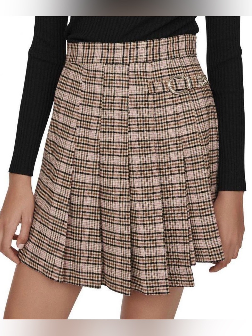 Maje Wool Pleated Mini Skirt New XS SZ 34 US 0-2 pink plaid tan with buckle